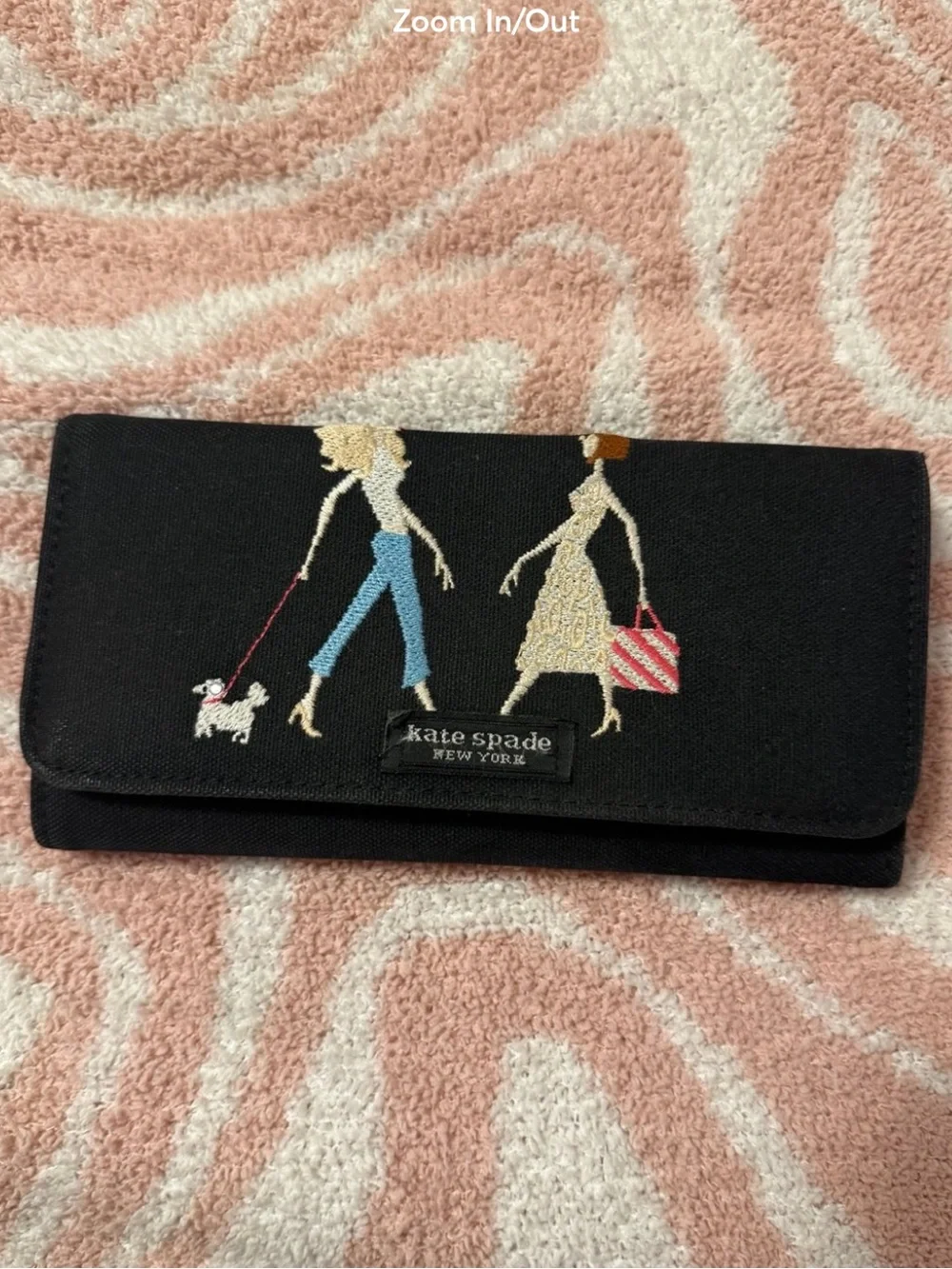 Kate Spade Rare Black Embroidered Women & Dog Card Holder with Pink Striped Tote